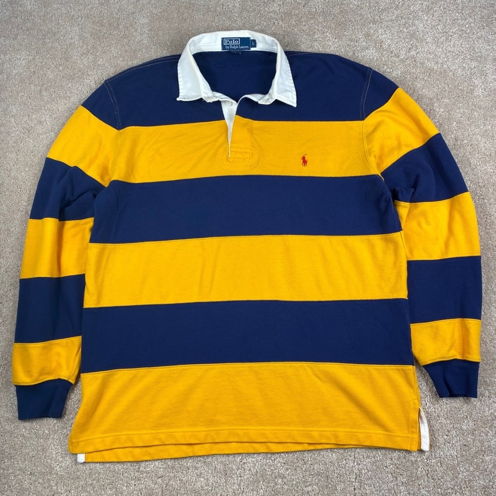 Polo Ralph Lauren Mens Large Navy Yellow Striped Long Sleeve Rugby Shirt